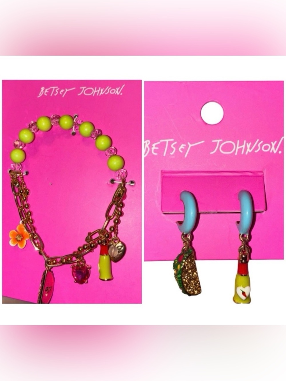 BETSEY JOHNSON SET Lime & Tabasco Bottle Huggy Earrings & Charm Bracelet NEW NWT